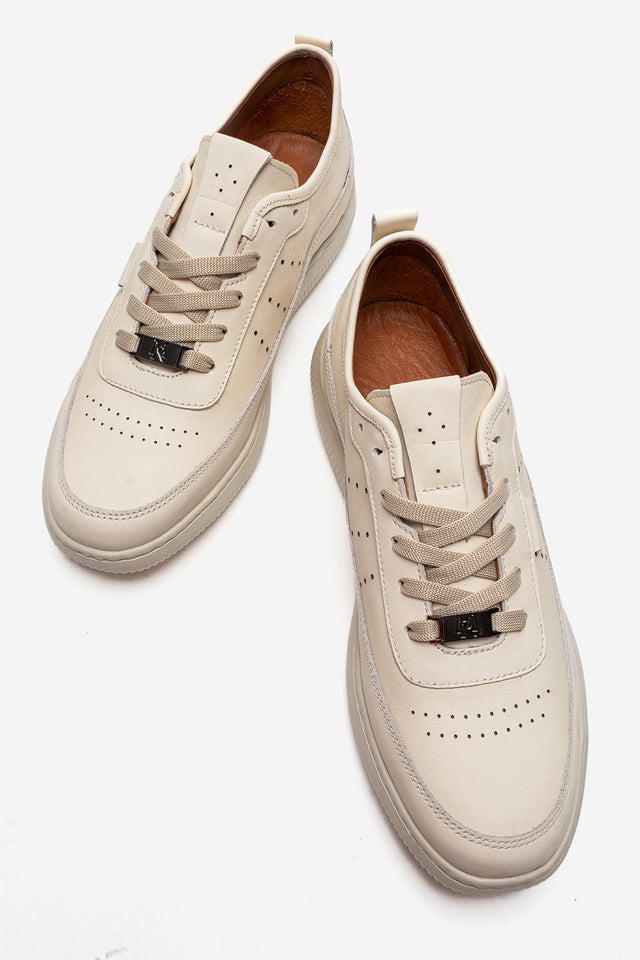 Erkek Hakiki Deri Krem Perfore Bağcıklı Kalın Tabanlı Sneaker Tiberio