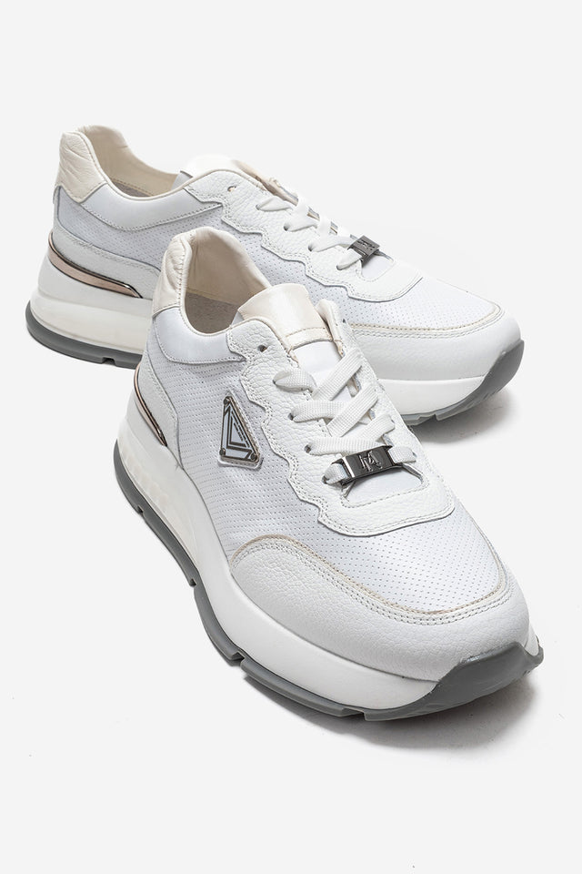 Erkek Hakiki Deri Beyaz Perfore Detaylı Bağcıklı Kalın Tabanlı Sneaker Günlük Ayakkabı Walter