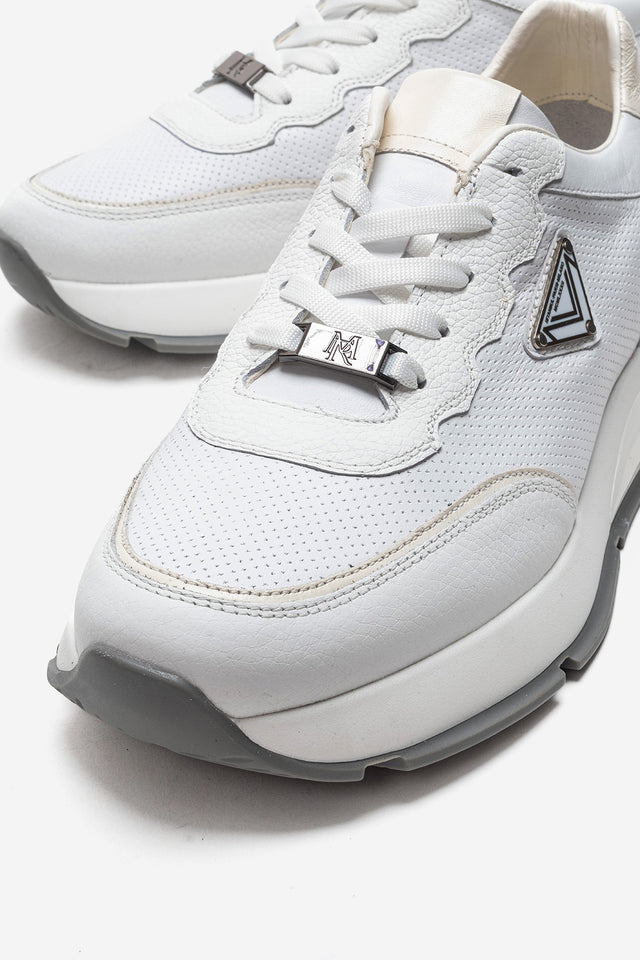 Erkek Hakiki Deri Beyaz Perfore Detaylı Bağcıklı Kalın Tabanlı Sneaker Günlük Ayakkabı Walter