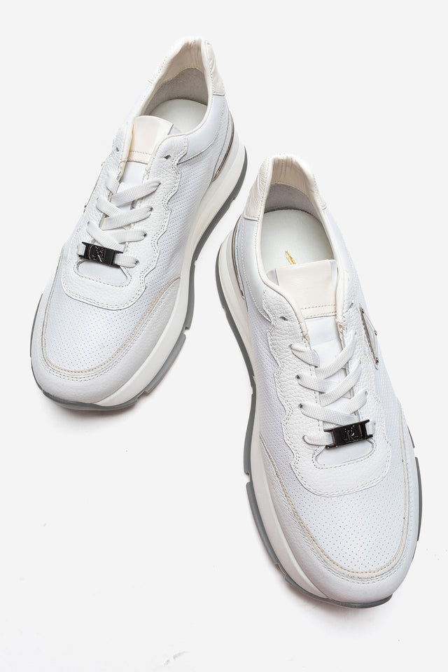 Erkek Hakiki Deri Beyaz Perfore Detaylı Bağcıklı Kalın Tabanlı Sneaker Günlük Ayakkabı Walter