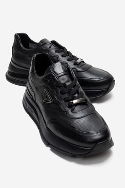 Erkek Hakiki Deri Siyah Perfore Detaylı Bağcıklı Kalın Tabanlı Sneaker Günlük Ayakkabı Walter