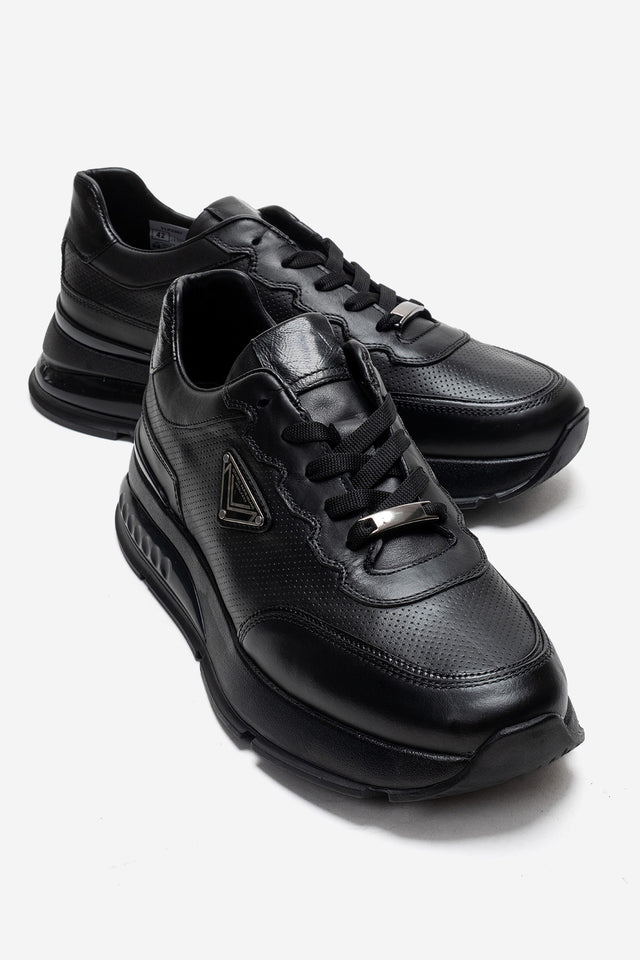 Erkek Hakiki Deri Siyah Perfore Detaylı Bağcıklı Kalın Tabanlı Sneaker Günlük Ayakkabı Walter