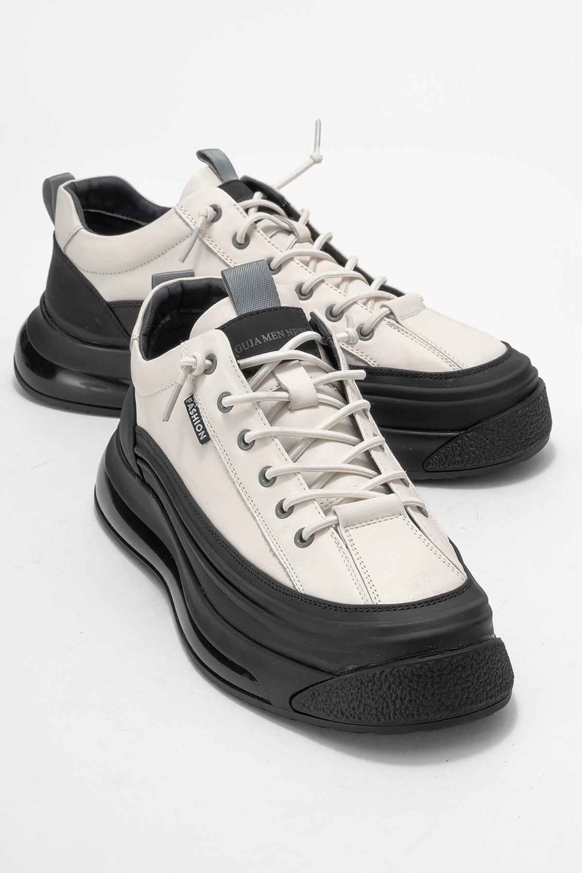 Erkek Beyaz Lastik Bağcıklı Kalın Tabanlı Sneaker Ayakkabı Milo