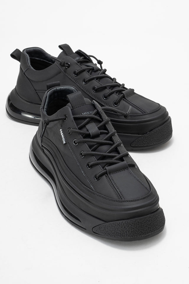 Erkek Siyah Lastik Bağcıklı Kalın Tabanlı Sneaker Ayakkabı Milo
