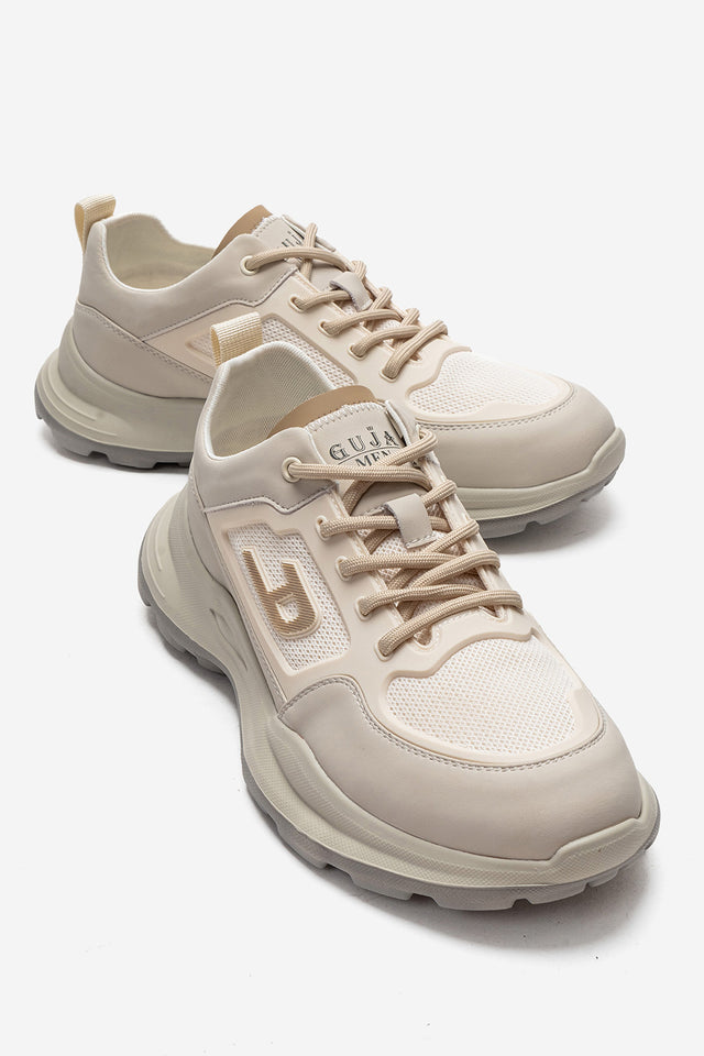 Erkek Bej File Detaylı Bağcıklı Kalın Kauçuk Tabanlı Sneaker Tiago
