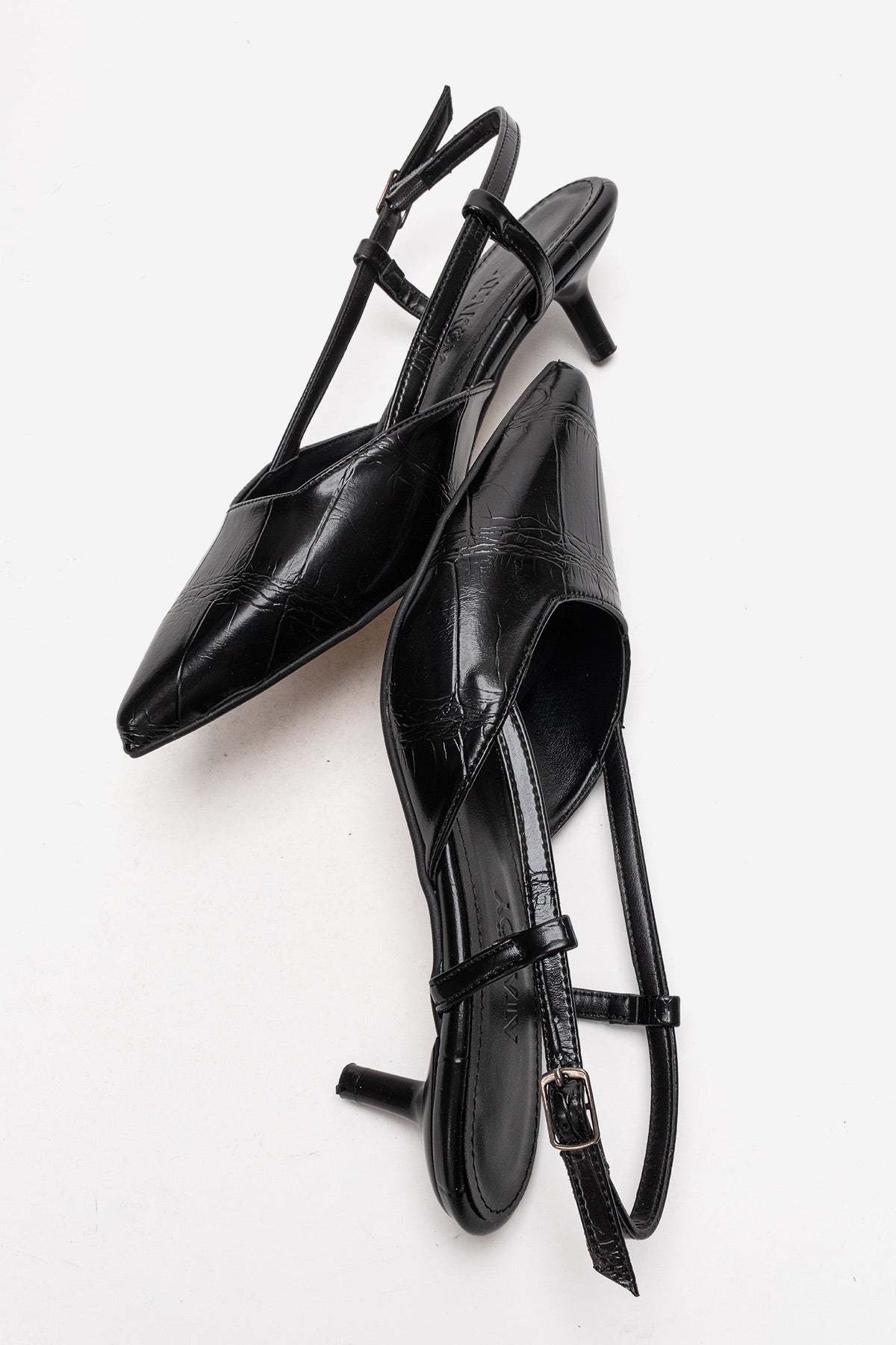 Kadın Siyah Kroko Sivri Burun Arkası Açık 5 cm Orta İnce Topuklu Ayakkabı Celeste