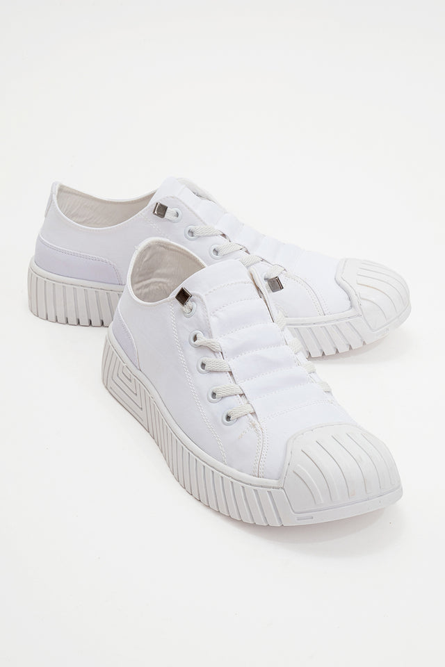 Kadın Beyaz Tekstil Bağcıklı Kalın Tabanlı Sneaker Günlük Ayakkabı Aveline