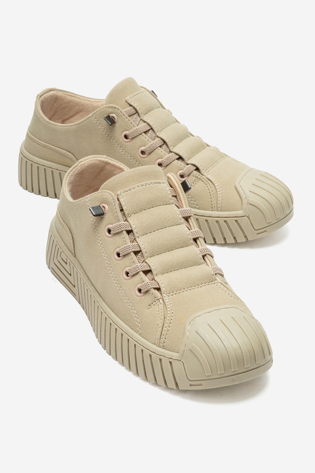 Kadın Bej Nubuk Bağcıklı Kauçuk Burunlu Günlük Sneaker Vigor