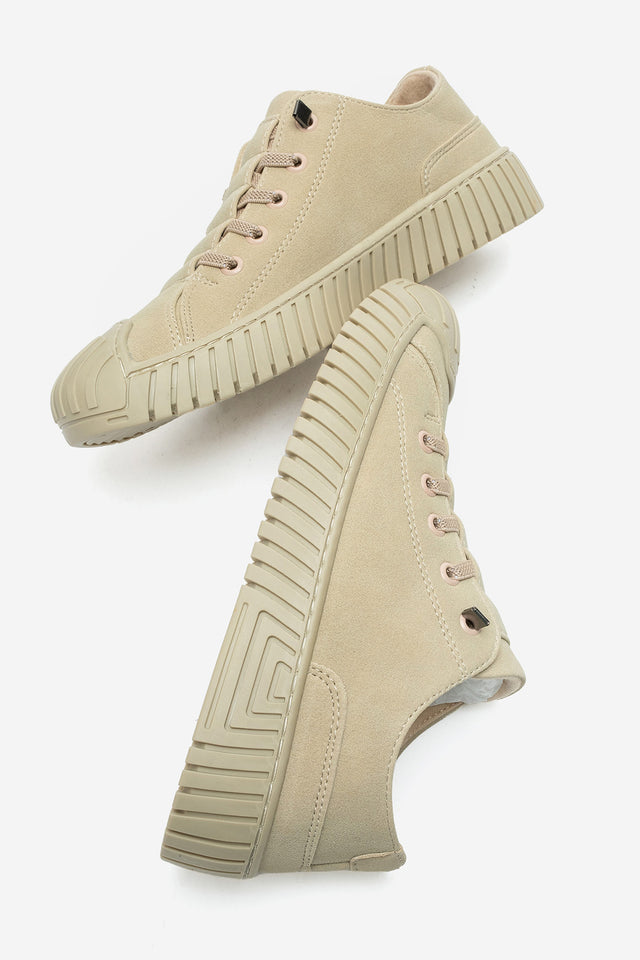Kadın Bej Nubuk Bağcıklı Kauçuk Burunlu Günlük Sneaker Vigor