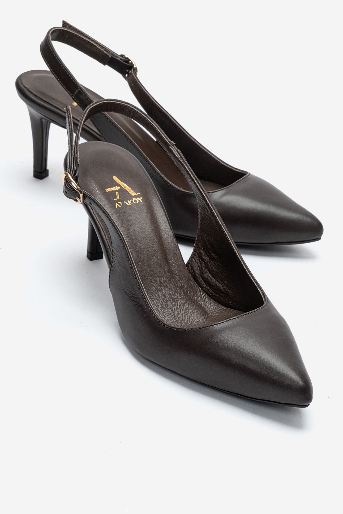 Kadın Hakiki Deri Kahve Arkası Açık Tokalı 8 cm Yüksek İnce Topuklu Stiletto Rosalia