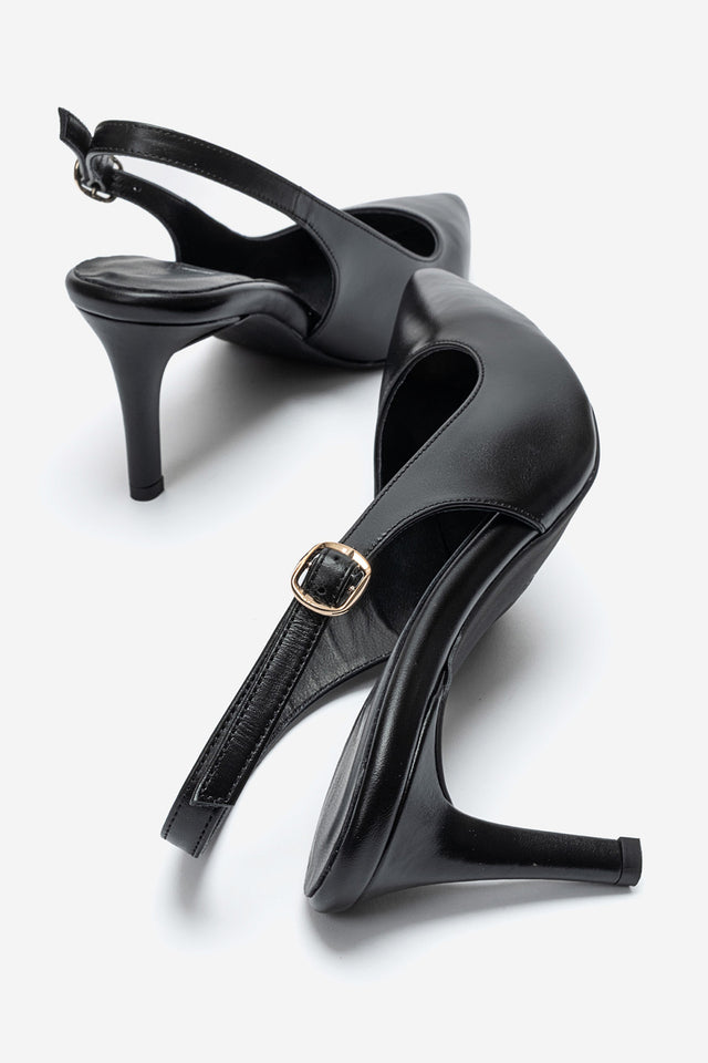 Kadın Hakiki Deri Siyah Arkası Açık Tokalı 8 cm Yüksek İnce Topuklu Stiletto Rosalia