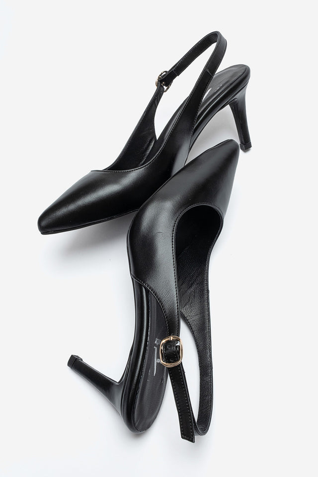 Kadın Hakiki Deri Siyah Arkası Açık Tokalı 8 cm Yüksek İnce Topuklu Stiletto Rosalia