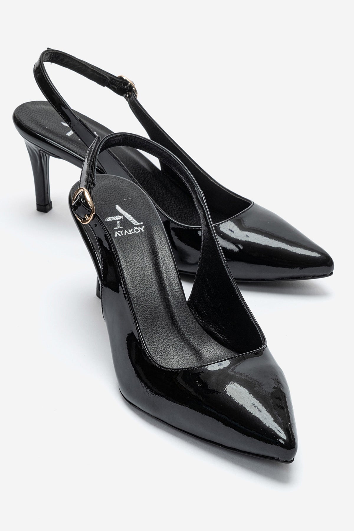 Kadın Hakiki Deri Siyah Rugan Arkası Açık Tokalı 8 cm Yüksek İnce Topuklu Stiletto Rosalia