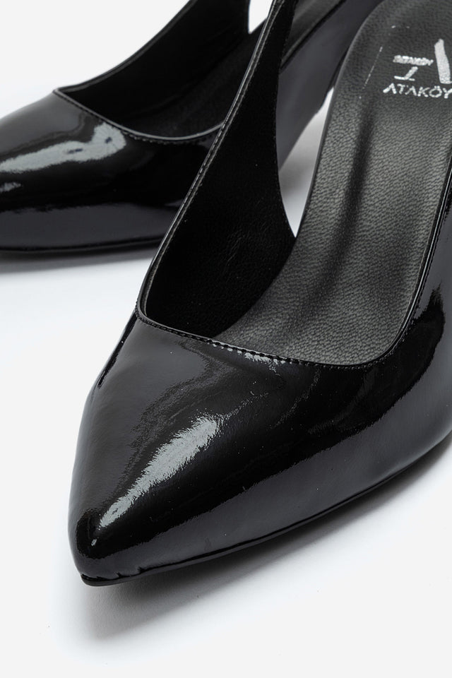 Kadın Hakiki Deri Siyah Rugan Arkası Açık Tokalı 8 cm Yüksek İnce Topuklu Stiletto Rosalia