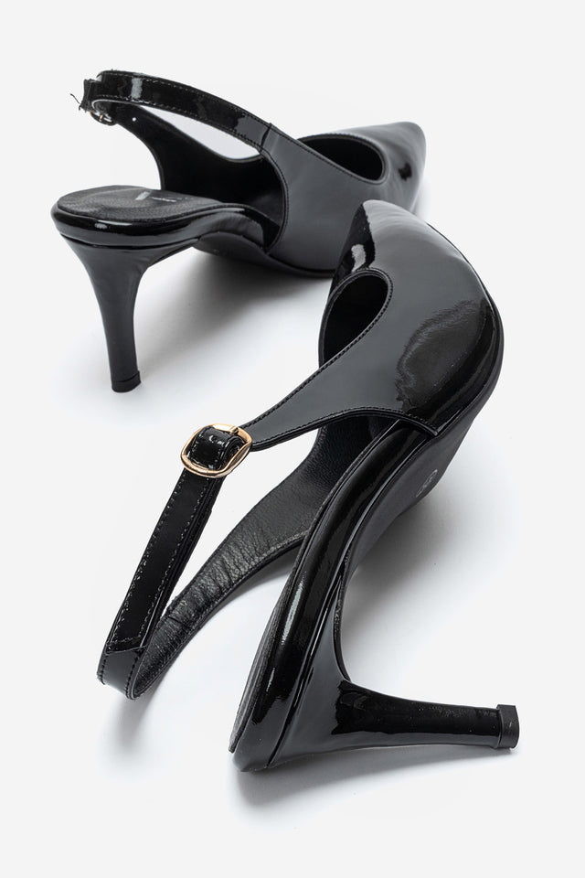 Kadın Hakiki Deri Siyah Rugan Arkası Açık Tokalı 8 cm Yüksek İnce Topuklu Stiletto Rosalia