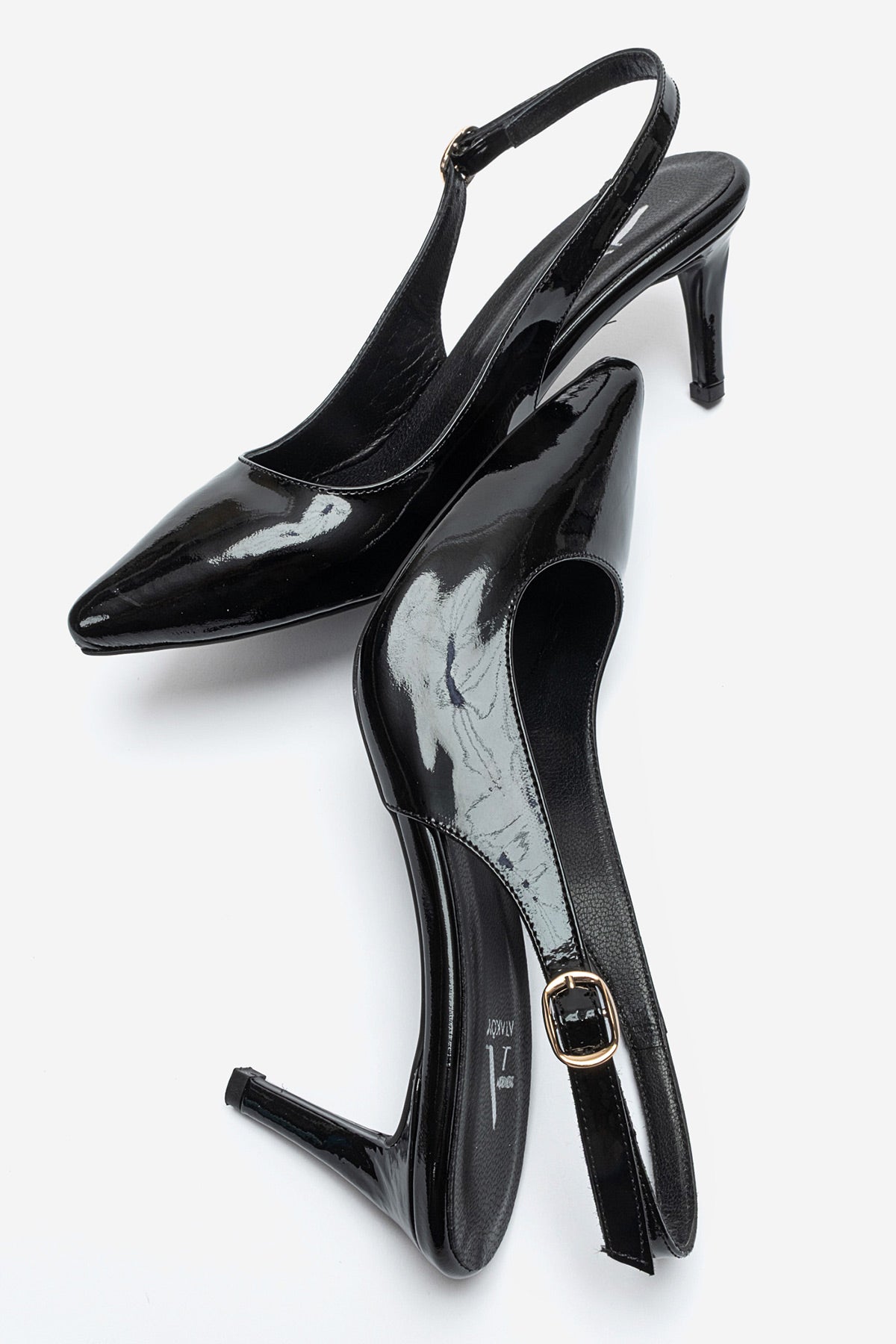 Kadın Hakiki Deri Siyah Rugan Arkası Açık Tokalı 8 cm Yüksek İnce Topuklu Stiletto Rosalia