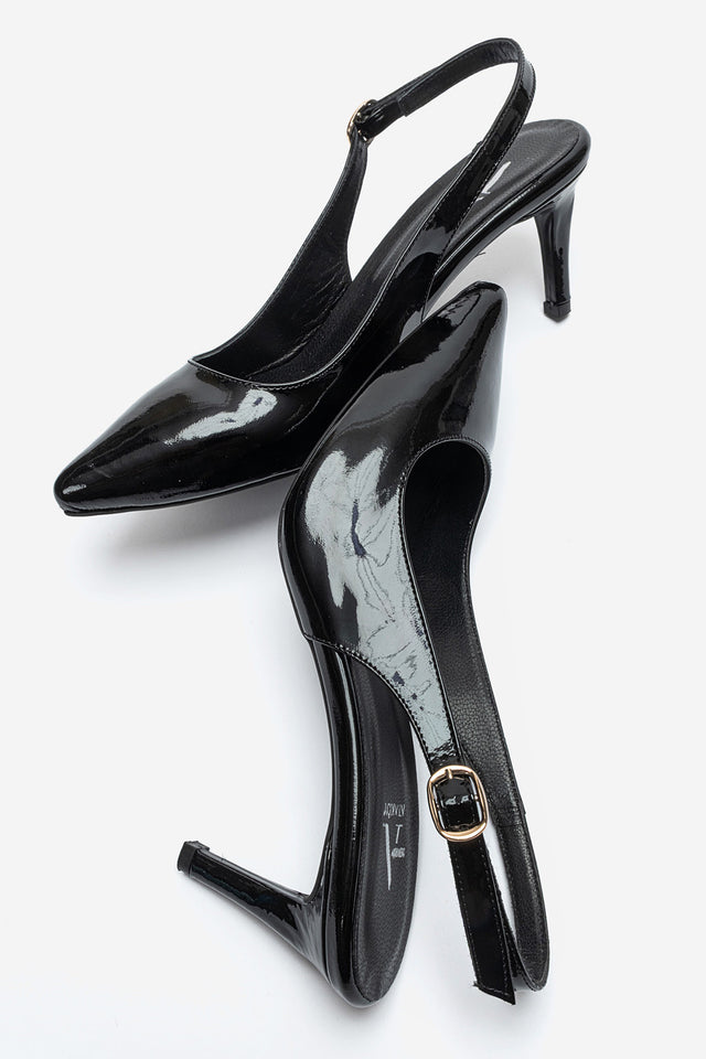 Kadın Hakiki Deri Siyah Rugan Arkası Açık Tokalı 8 cm Yüksek İnce Topuklu Stiletto Rosalia