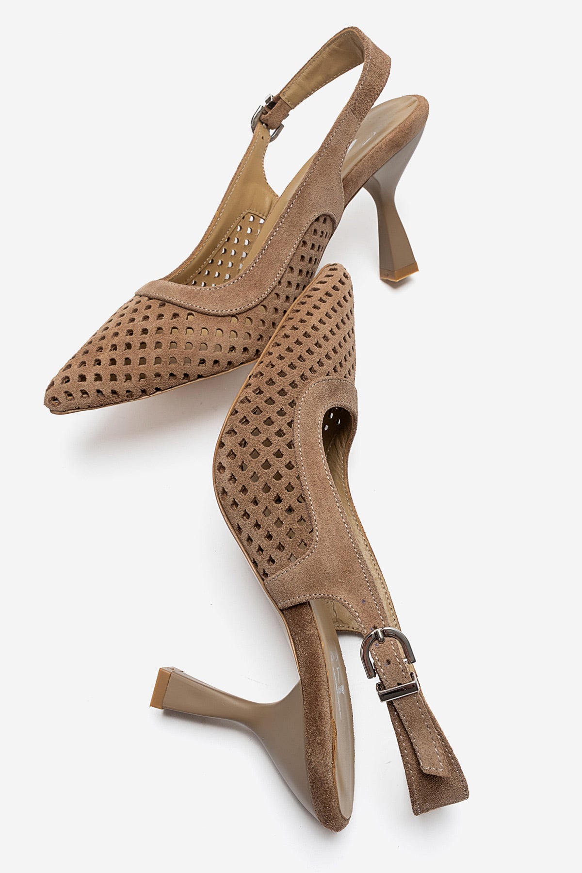Kadın Hakiki Deri Sigaro Süet Lazer Kesim Arkası Açık 8 cm Yüksek Topuklu Ayakkabı Selena