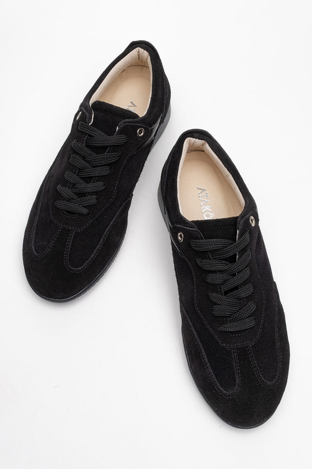 Kadın Hakiki Deri Siyah Süet Bağcıklı Kauçuk Tabanlı Sneaker Anika