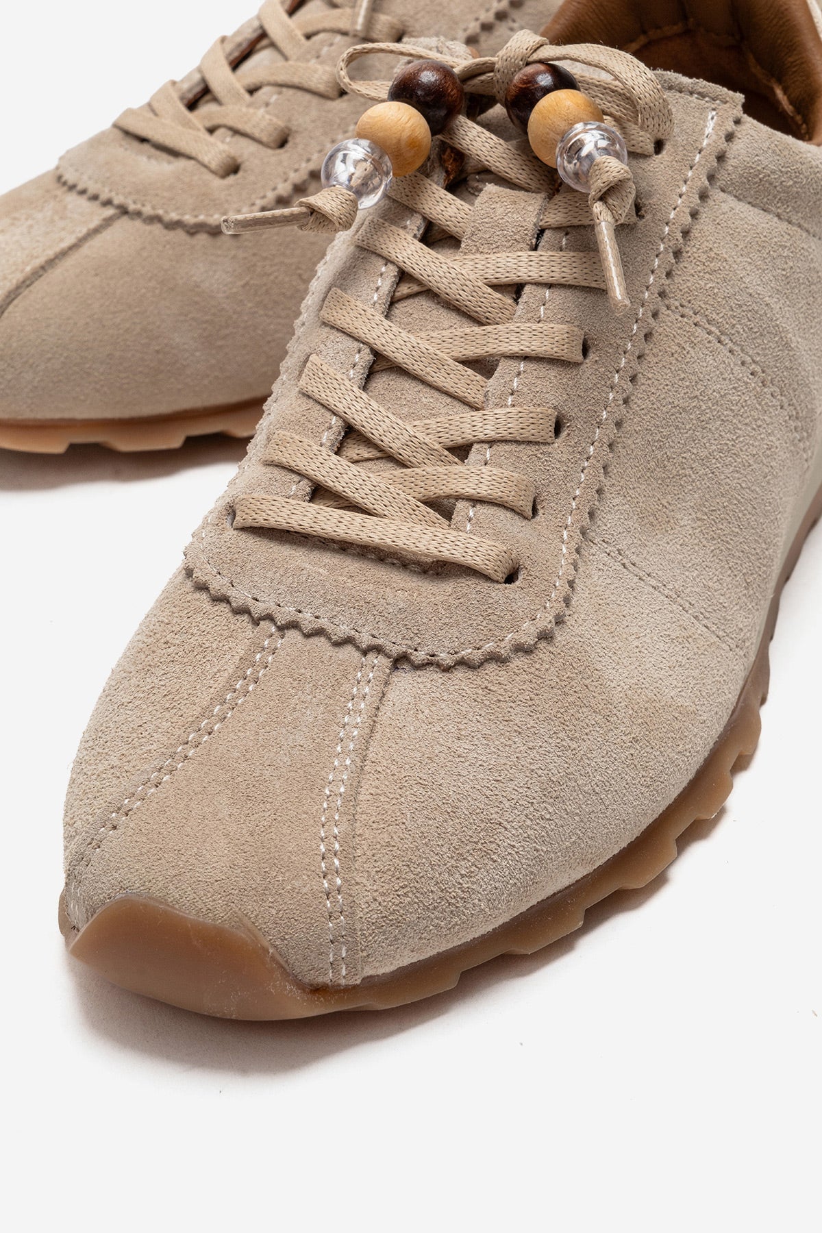 Kadın Hakiki Deri Bej Süet Boncuk Detaylı Bağcıklı Sneaker Estella