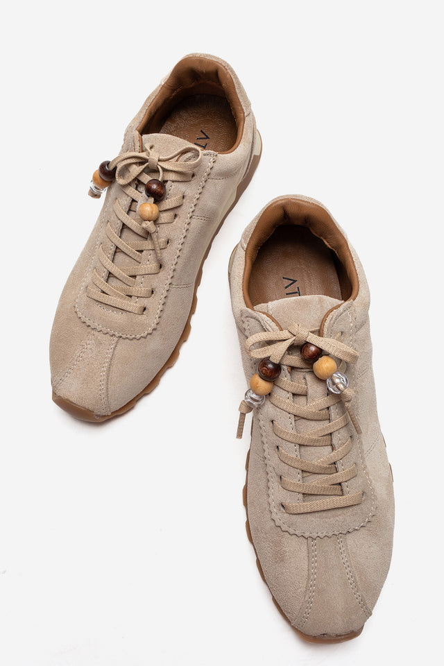 Kadın Hakiki Deri Bej Süet Boncuk Detaylı Bağcıklı Sneaker Estella