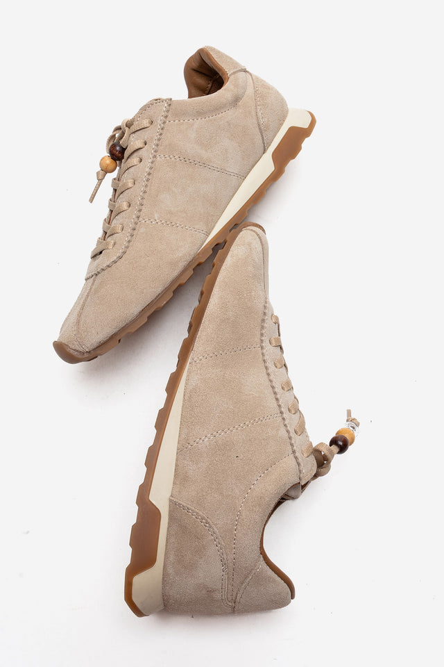 Kadın Hakiki Deri Bej Süet Boncuk Detaylı Bağcıklı Sneaker Estella