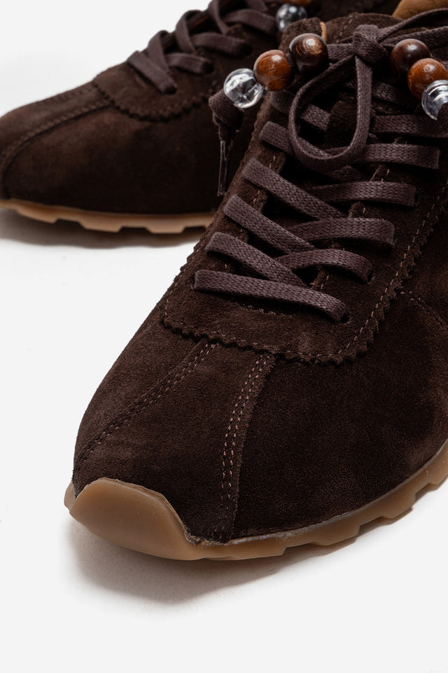 Kadın Hakiki Deri Kahve Süet Boncuk Detaylı Bağcıklı Sneaker Estella