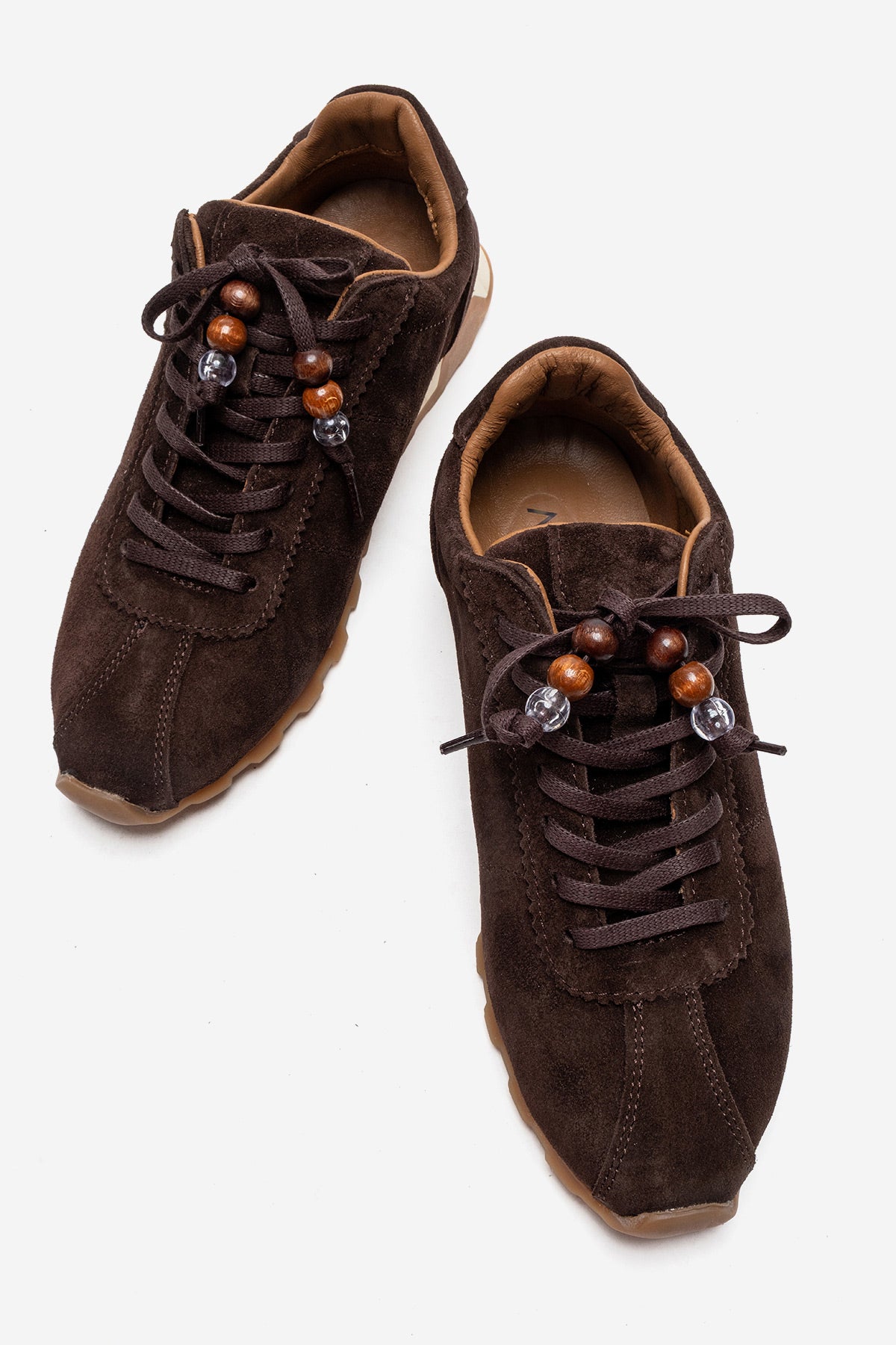 Kadın Hakiki Deri Kahve Süet Boncuk Detaylı Bağcıklı Sneaker Estella