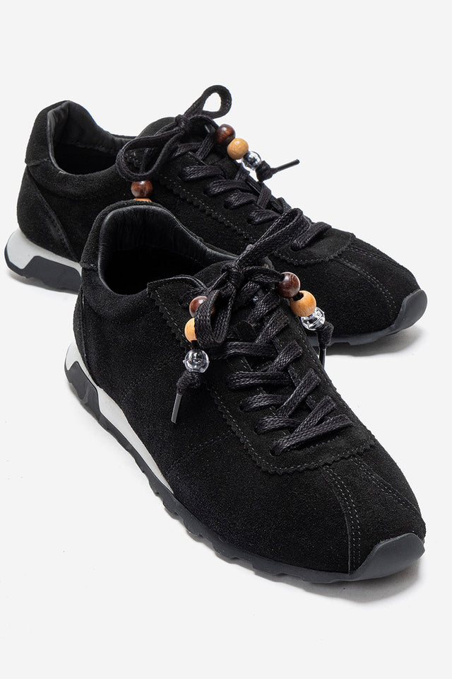 Kadın Hakiki Deri Siyah Süet Boncuk Detaylı Bağcıklı Sneaker Estella