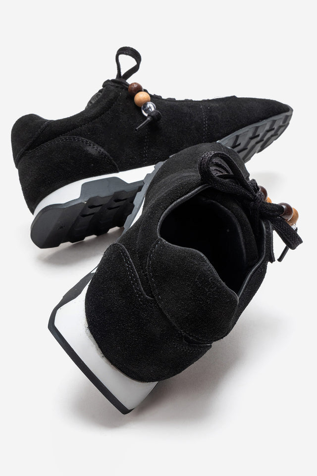 Kadın Hakiki Deri Siyah Süet Boncuk Detaylı Bağcıklı Sneaker Estella