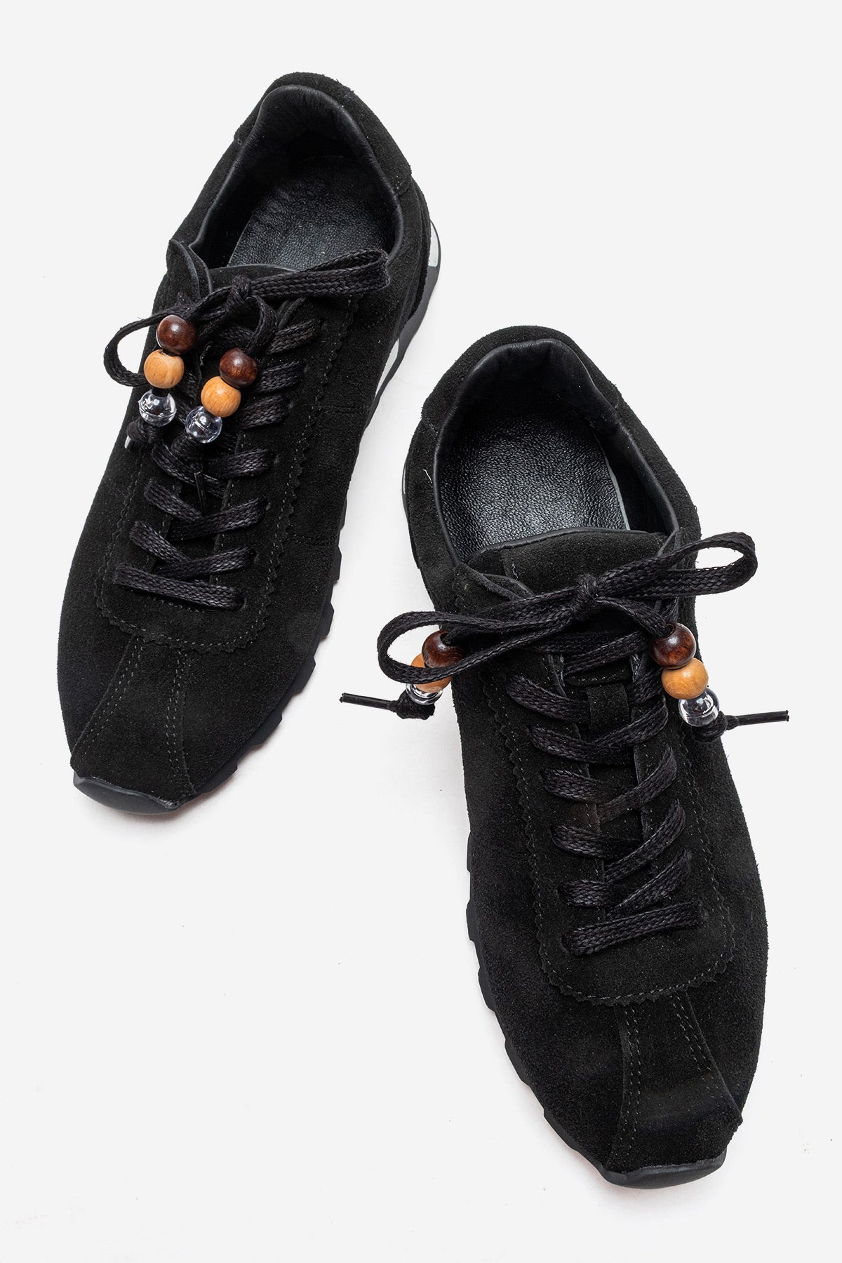 Kadın Hakiki Deri Siyah Süet Boncuk Detaylı Bağcıklı Sneaker Estella