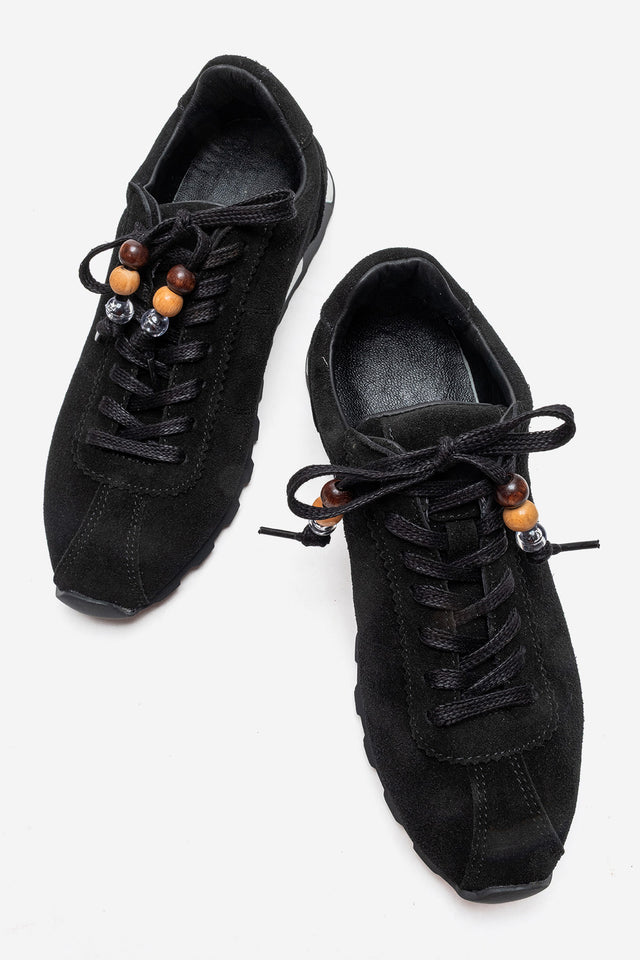 Kadın Hakiki Deri Siyah Süet Boncuk Detaylı Bağcıklı Sneaker Estella