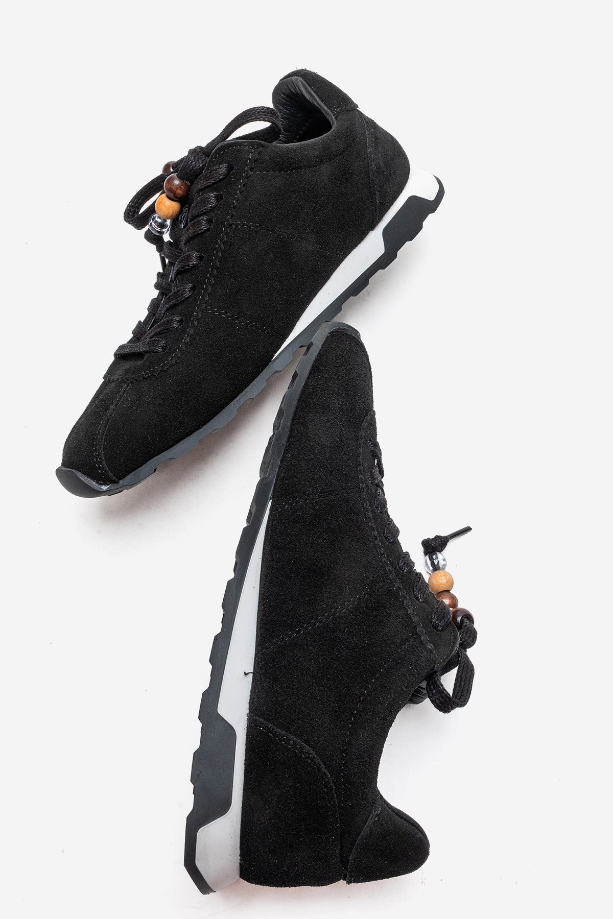Kadın Hakiki Deri Siyah Süet Boncuk Detaylı Bağcıklı Sneaker Estella