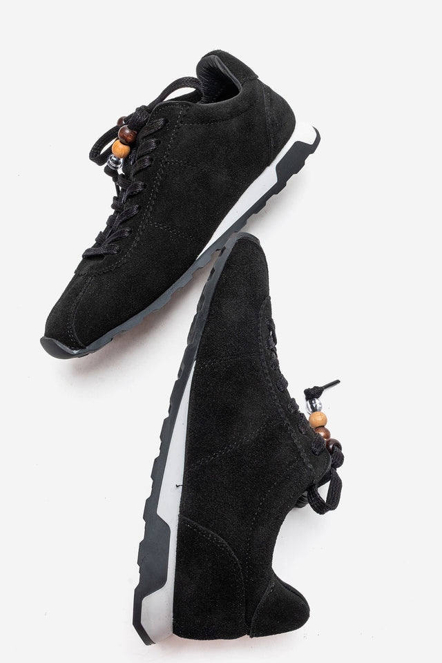 Kadın Hakiki Deri Siyah Süet Boncuk Detaylı Bağcıklı Sneaker Estella