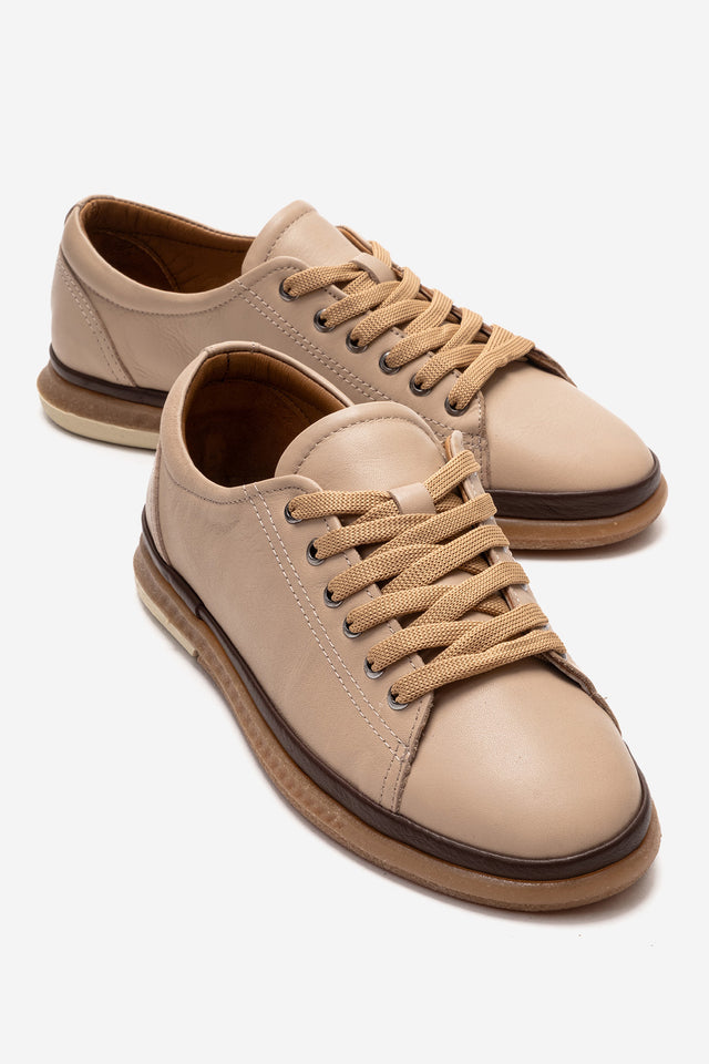 Kadın Hakiki Deri Bej Kahve Bağcıklı Düz Tabanlı Sneaker Günlük Ayakkabı Jasmin