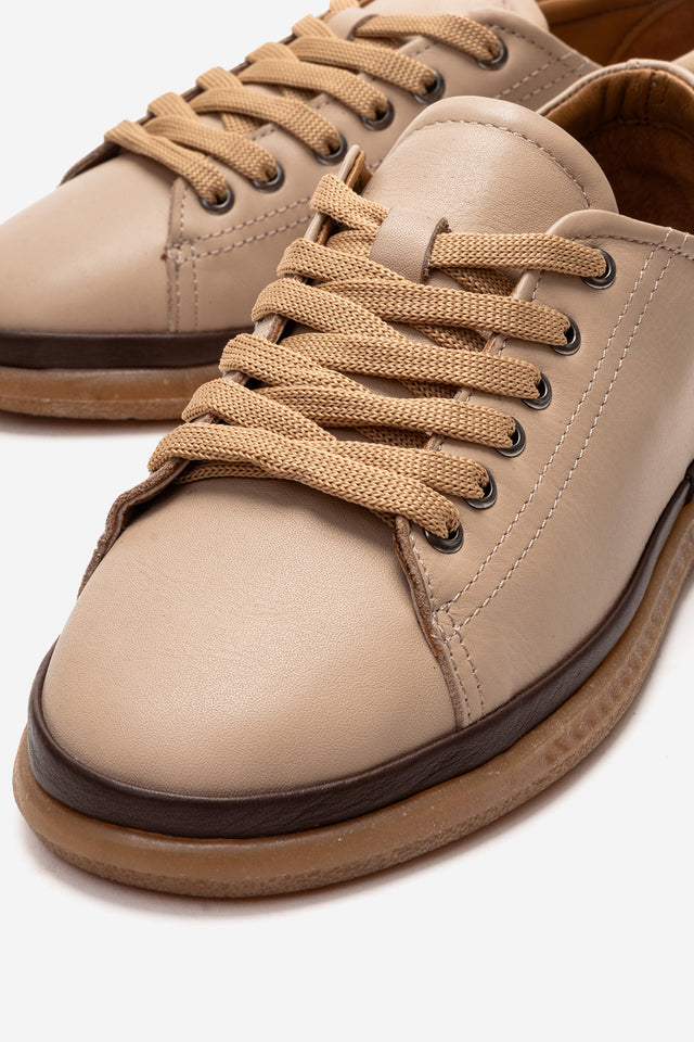 Kadın Hakiki Deri Bej Kahve Bağcıklı Düz Tabanlı Sneaker Günlük Ayakkabı Jasmin