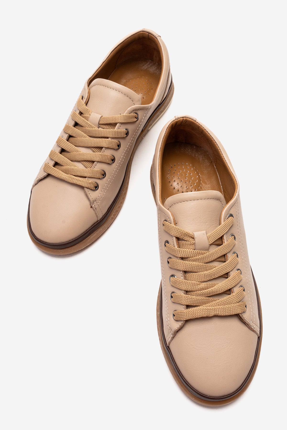 Kadın Hakiki Deri Bej Kahve Bağcıklı Düz Tabanlı Sneaker Günlük Ayakkabı Jasmin
