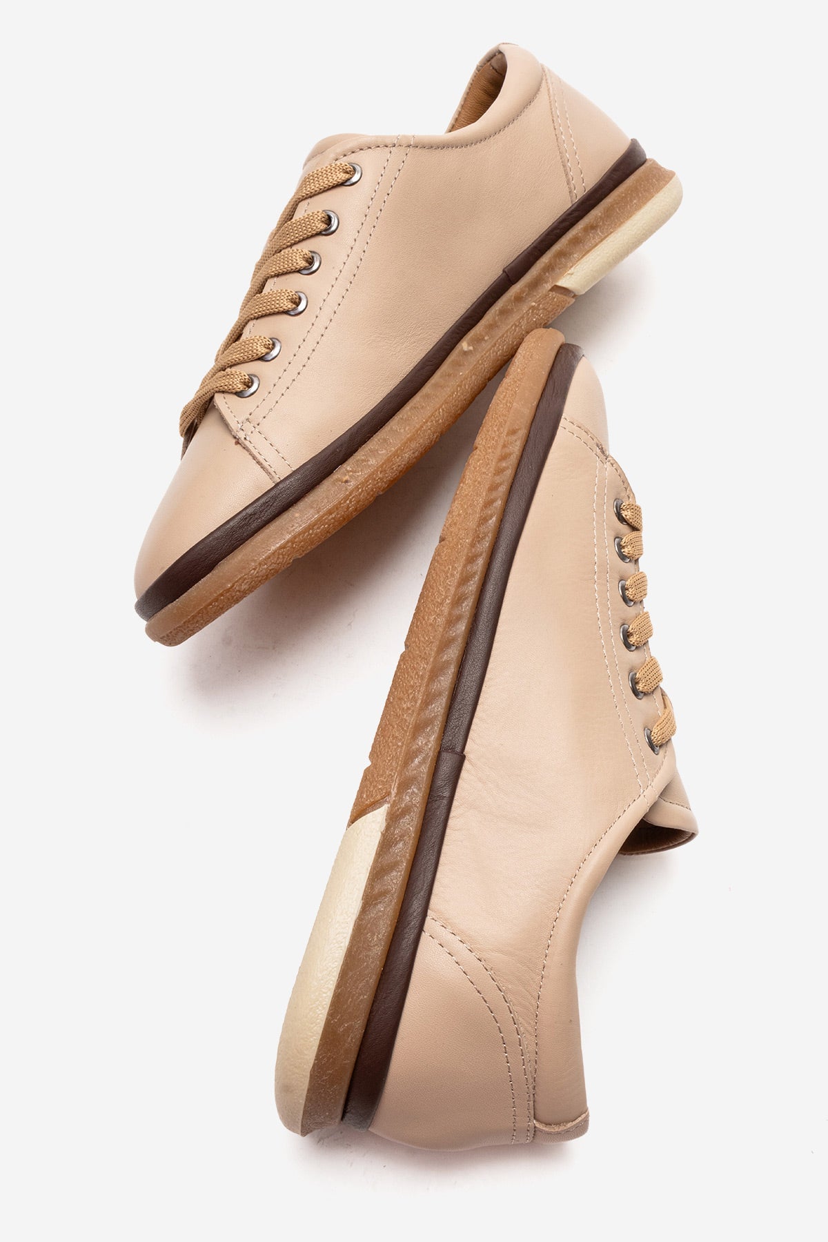 Kadın Hakiki Deri Bej Kahve Bağcıklı Düz Tabanlı Sneaker Günlük Ayakkabı Jasmin