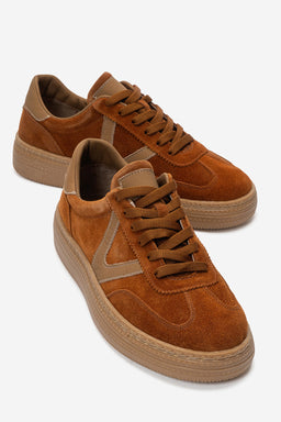 Kadın Hakiki Deri Taba Süet Bağcıklı Kauçuk Tabanlı Sneaker Jimena