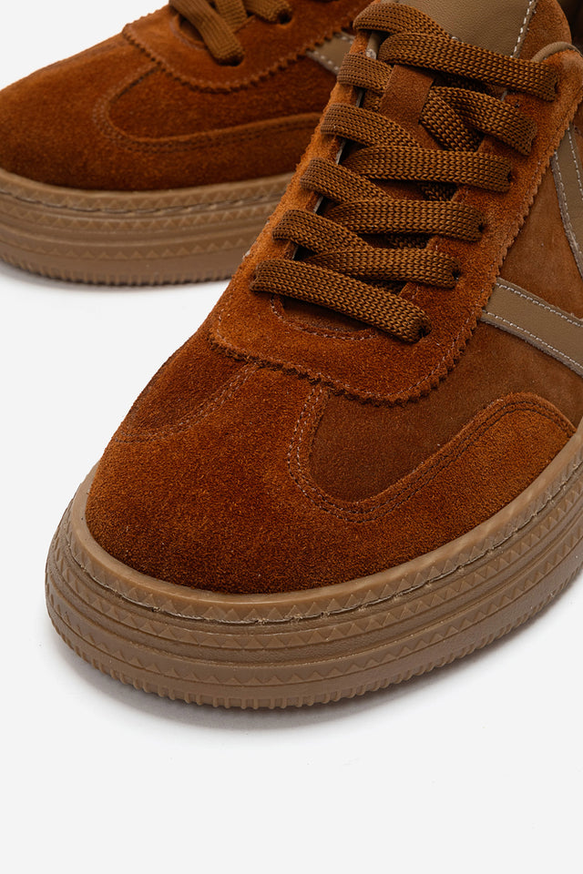 Kadın Hakiki Deri Taba Süet Bağcıklı Kauçuk Tabanlı Sneaker Jimena