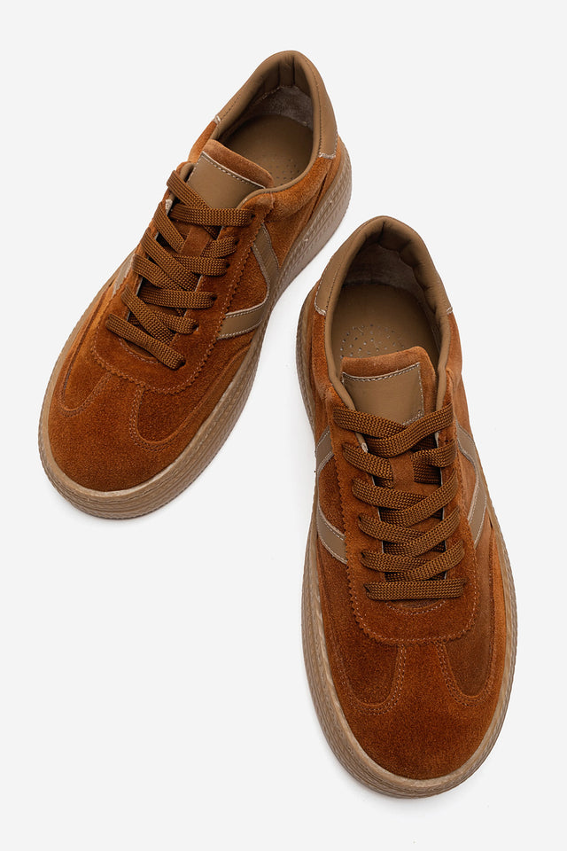 Kadın Hakiki Deri Taba Süet Bağcıklı Kauçuk Tabanlı Sneaker Jimena