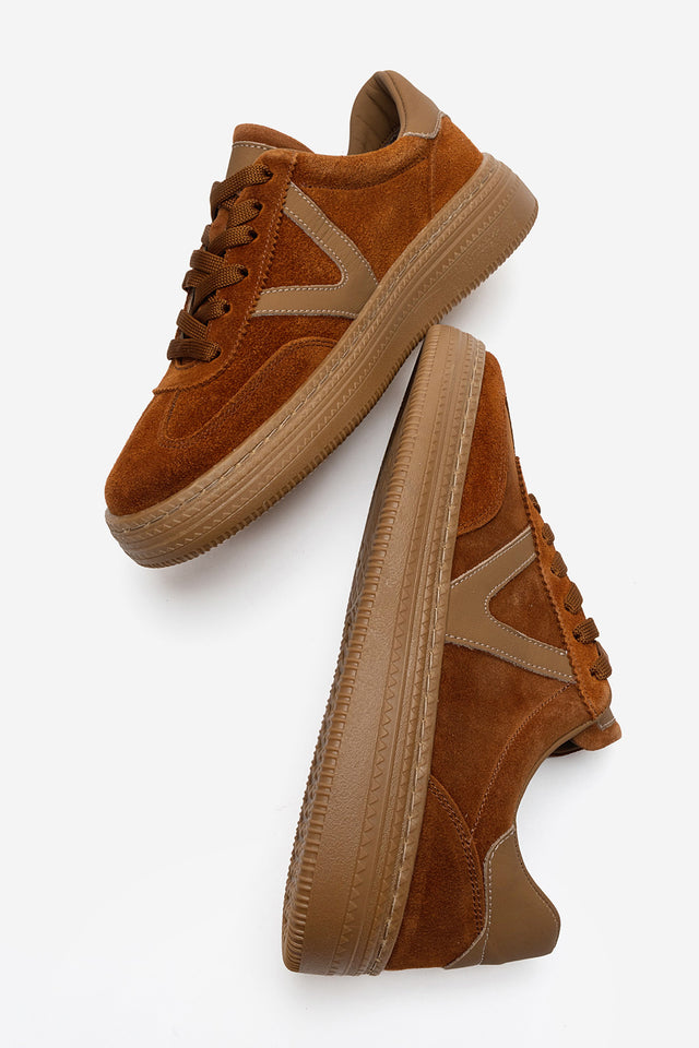 Kadın Hakiki Deri Taba Süet Bağcıklı Kauçuk Tabanlı Sneaker Jimena