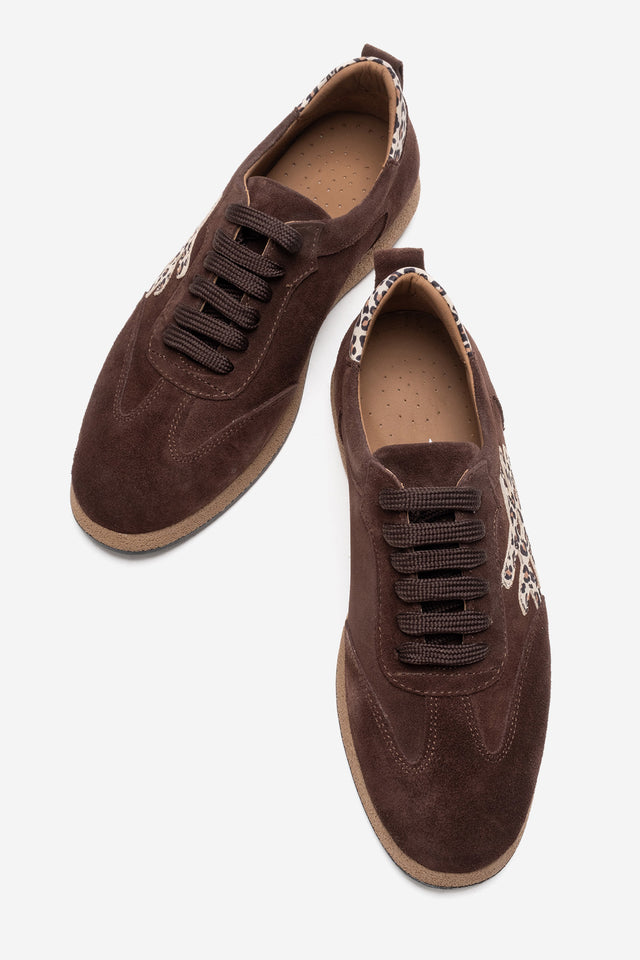 Kadın Hakiki Deri Kahve Leopar Süet Leopar Detaylı Bağcıklı Sneaker Kalia