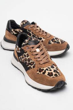 Kadın Hakiki Deri Vizon Leopar Bağcıklı Kalın Tabanlı Sneaker Günlük Ayakkabı Mara