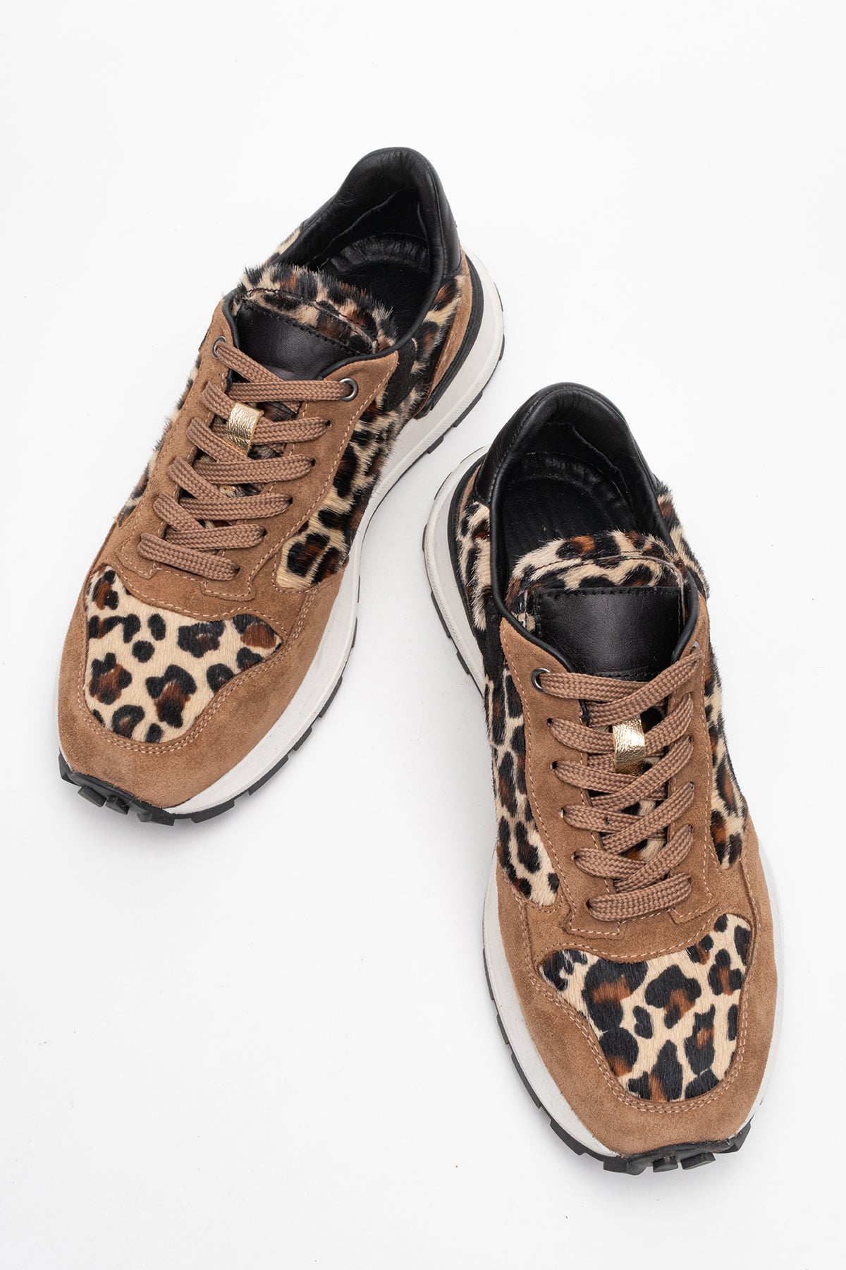 Kadın Hakiki Deri Vizon Leopar Bağcıklı Kalın Tabanlı Sneaker Günlük Ayakkabı Mara