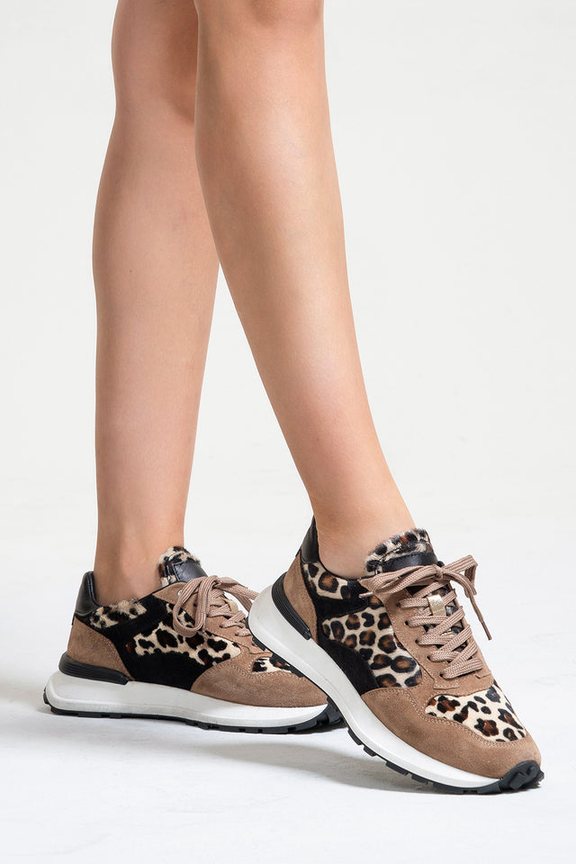 Kadın Hakiki Deri Vizon Leopar Bağcıklı Kalın Tabanlı Sneaker Günlük Ayakkabı Mara
