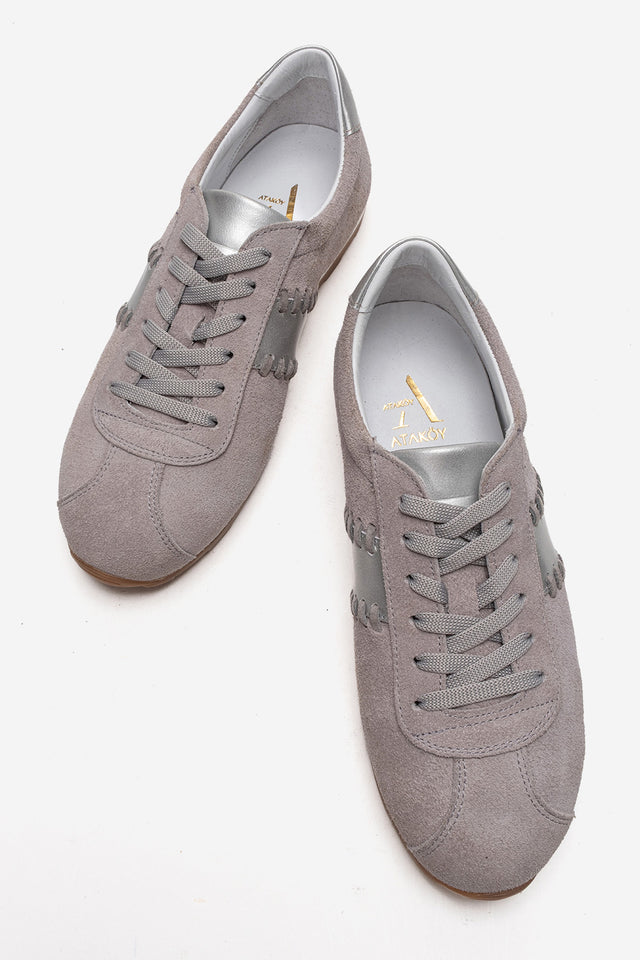 Kadın Hakiki Deri Gri Süet Altın Şeritli Bağcıklı Sneaker Günlük Ayakkabı Maxine