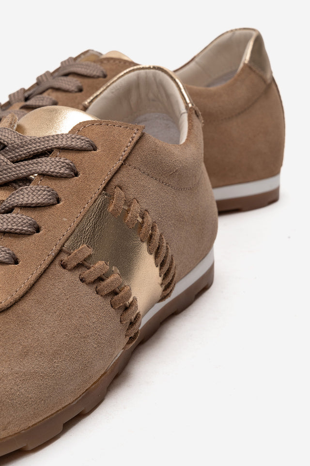 Kadın Hakiki Deri Kum Süet Altın Şeritli Bağcıklı Sneaker Günlük Ayakkabı Maxine