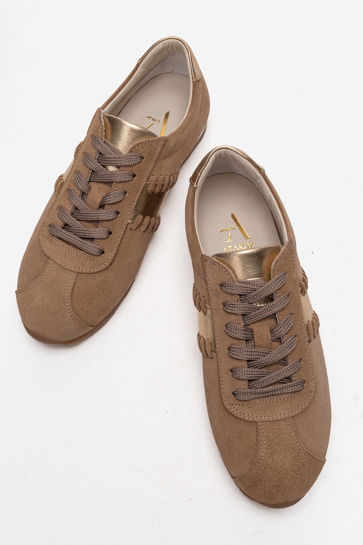 Kadın Hakiki Deri Kum Süet Altın Şeritli Bağcıklı Sneaker Günlük Ayakkabı Maxine