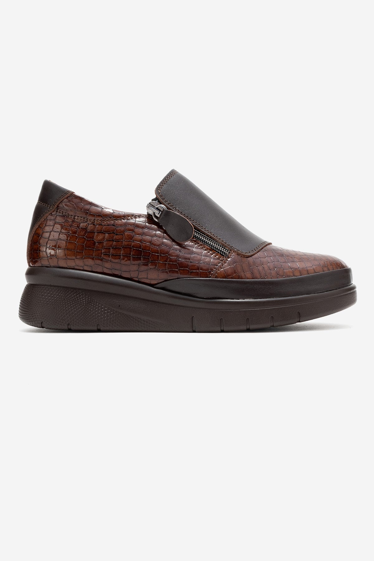 Kadın Hakiki Deri Kahve Kroko Desenli 5 cm Dolgu Topuklu Loafer Günlük Ayakkabı Floriana
